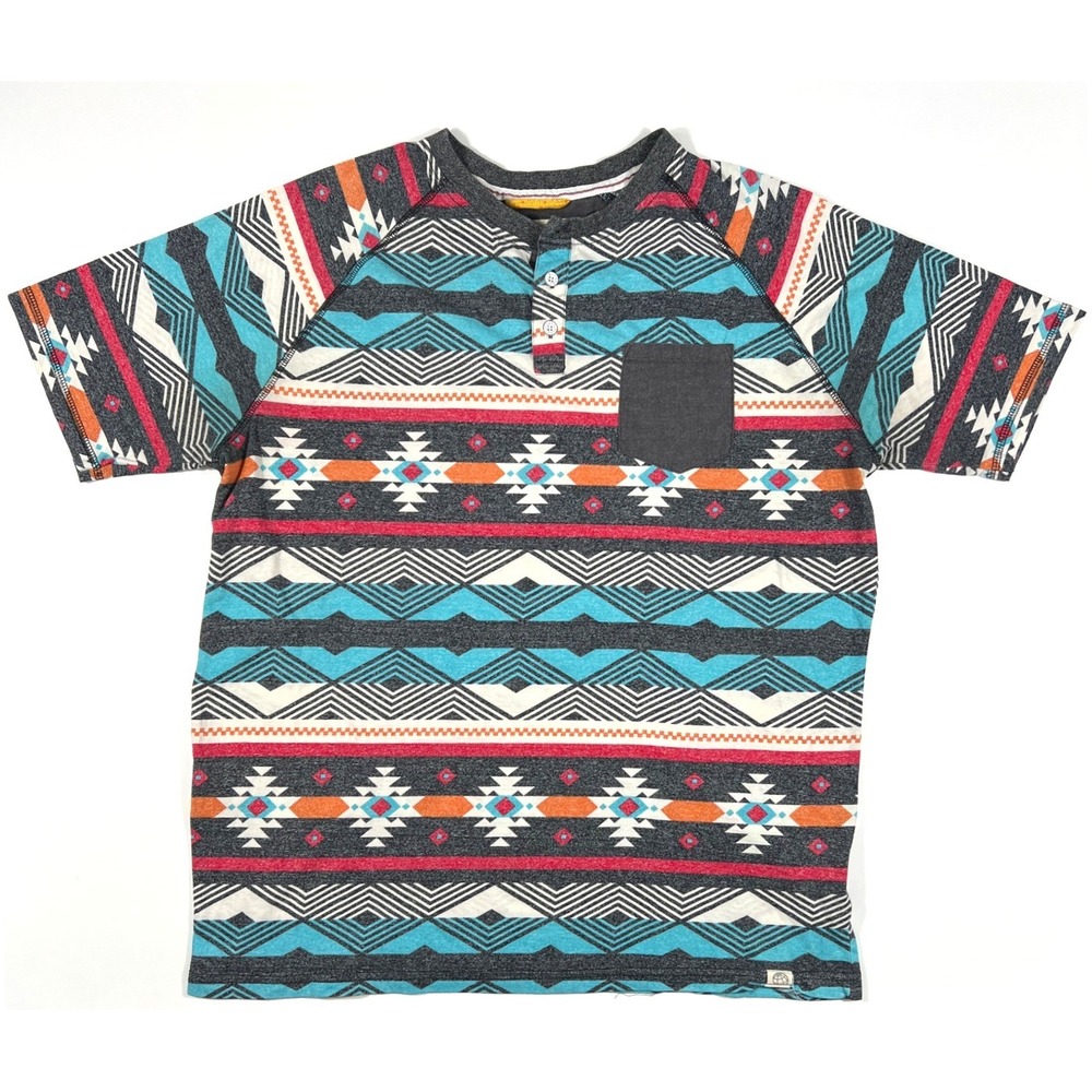 Free Planet Henley Tee Men's‎ Large Southwestern Aztec Print Pocket Short Sleeve